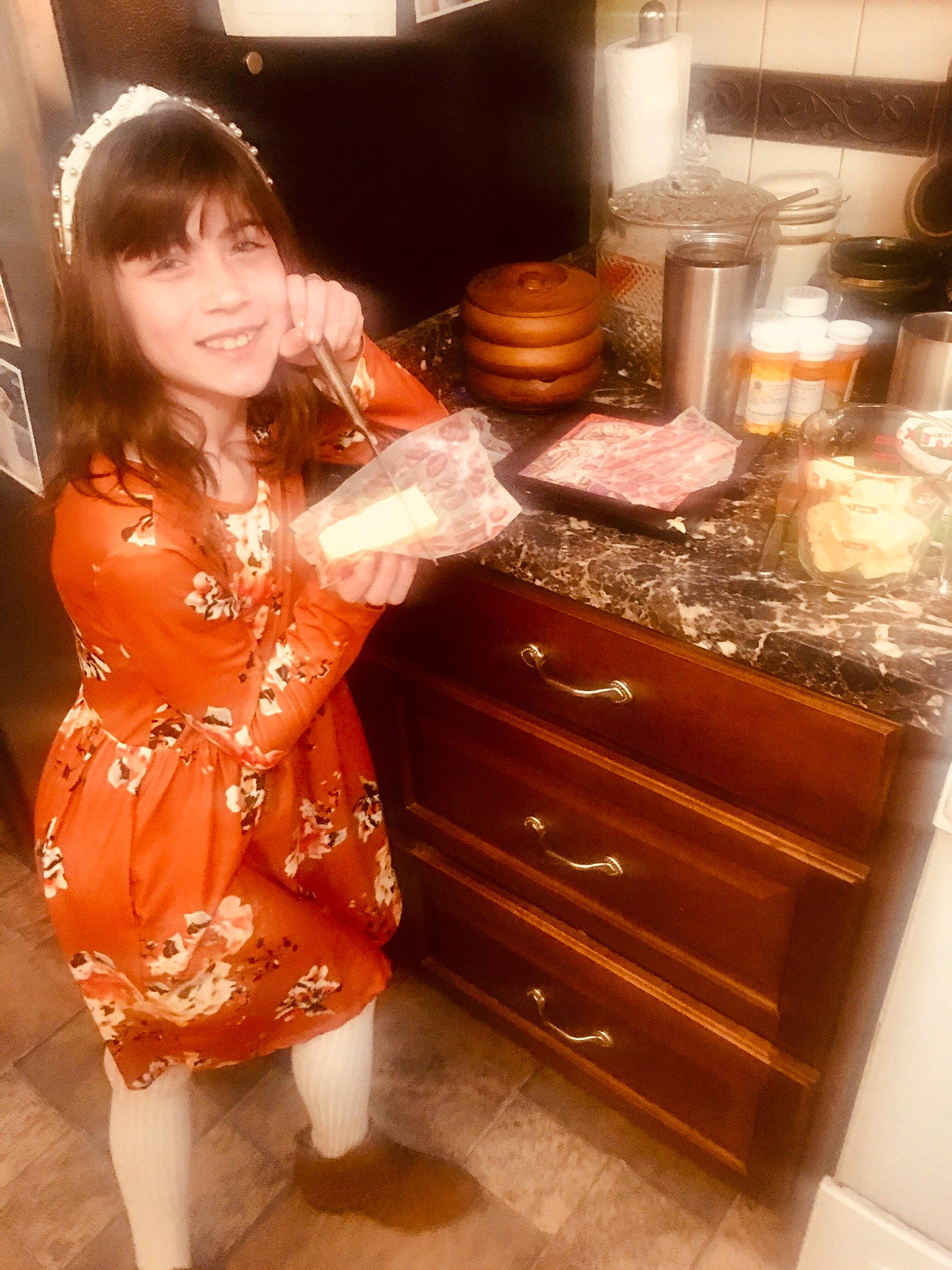 Makenzie joined the competition — help win amazing prizes! cabinetry, countertop, drawer, dress, eye, fashion_design, flooring, happy, hardwood, home_appliance, human_leg, joy, kitchen, kitchen_appliance, long_hair, person, skin, smile, thigh, trunk