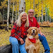 Booker is registered to the contest to win money with this photo: golden_retriever, dog, couple, people, portrait, outdoor, forest, aspen_trees, autumn, fall_colors, yellow_leaves, nature, smiling, sitting, pet, family, red_flannel, blue_jeans, woodland, outdoor_photography