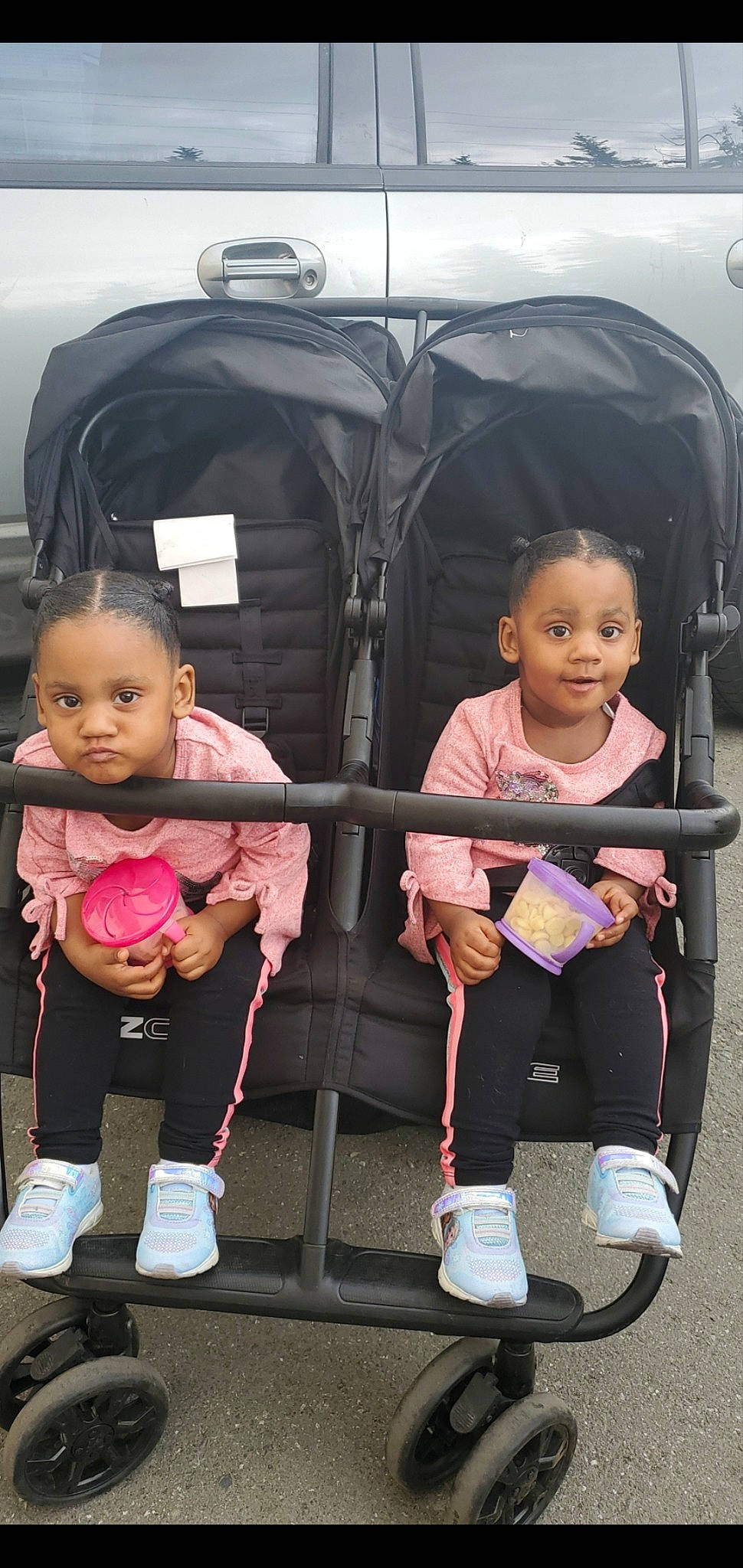 Jaeanna And Taeanna joined the competition — help win amazing prizes! automotive_exterior, baby_toddler_clothing, eye, fun, happy, leisure, motor_vehicle, person, pink, product, recreation, shoe, shorts, skin, sneakers, tent, tire, toddler, travel, vehicle_door