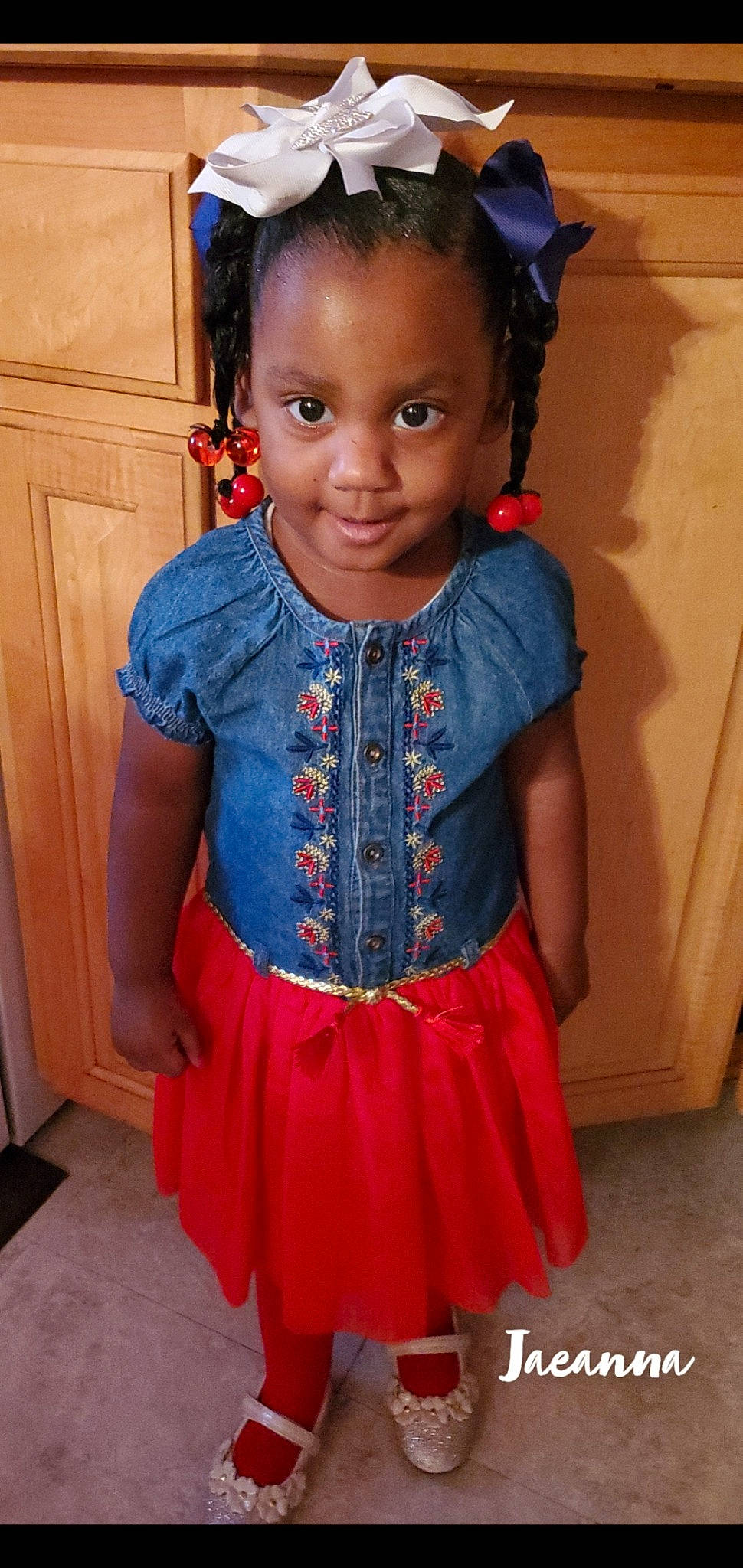 Jaeanna is registered to the contest to win money with this photo: baby_toddler_clothing, blue, cheek, dress, embellishment, eye, face, facial_expression, fashion_design, hair, happy, head, iris, joy, neck, person, pink, skin, sleeve, standing