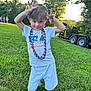child, boy, grass, outdoor, playful, beads, tshirt, usa, summer, nature, trees, sunset, trailer, sandals, smile, portrait, greenery, person, fun, cute