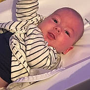 Leo is registered to the contest to win money with this photo: adorable, baby, child, closeup, clothing, cute, expression, eyes, face, head, infant, lying_down, mouth, newborn, person, portrait, skin, soft_lighting, striped_jacket, white_background