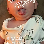 Waylon joined the competition — help win amazing prizes! baby, cartoon_bears, child, closeup, cute, expression, face, head, humor, indoors, infant, lying_down, morning, onesie, portrait, skin, sleepwear, soft_light, timestamp, tongue_out