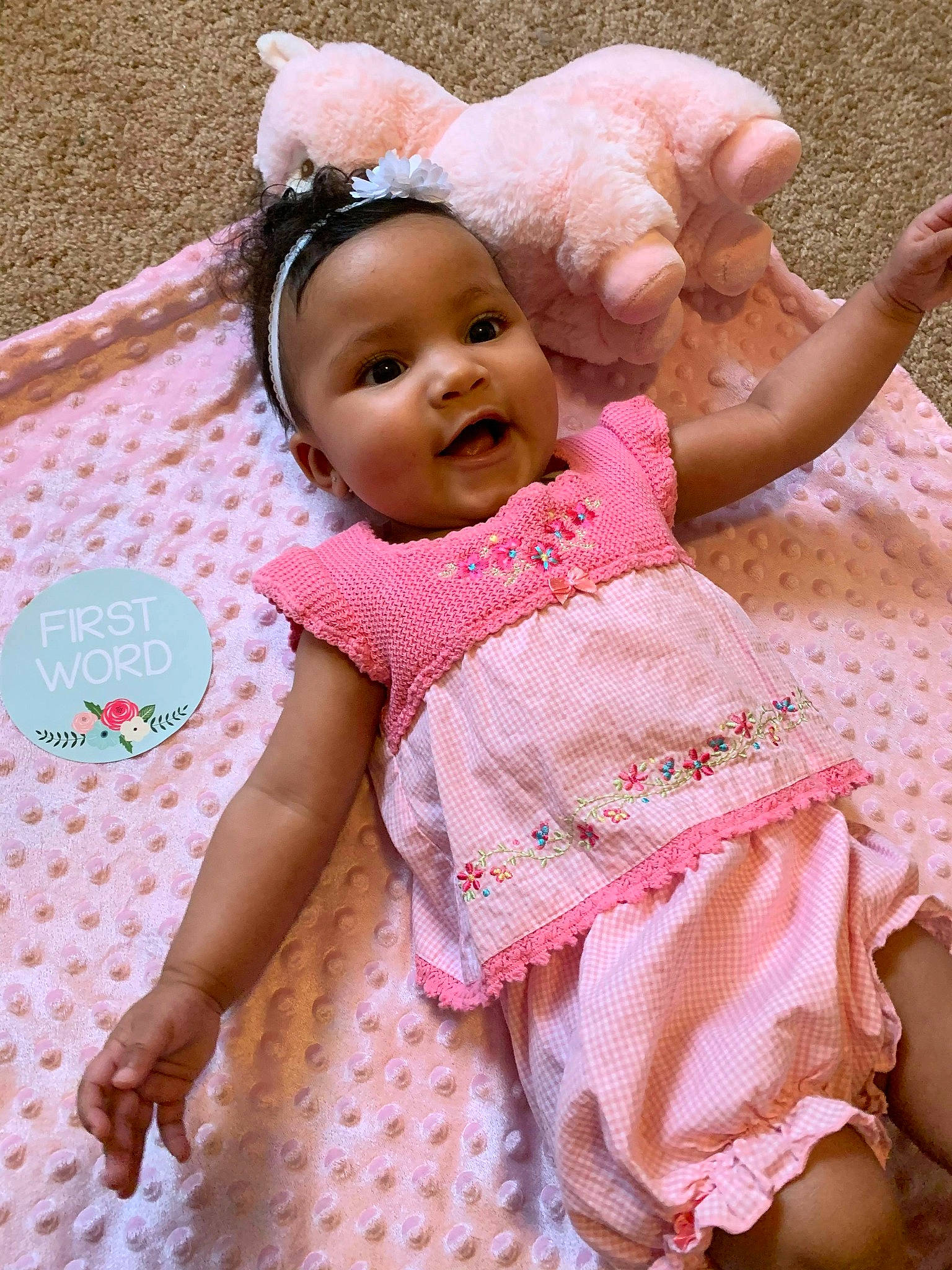 Mckenna is registered to the contest to win money with this photo: baby, baby_toddler_clothing, cheek, child, design, pattern, person, pink, skin, smile, textile, toddler