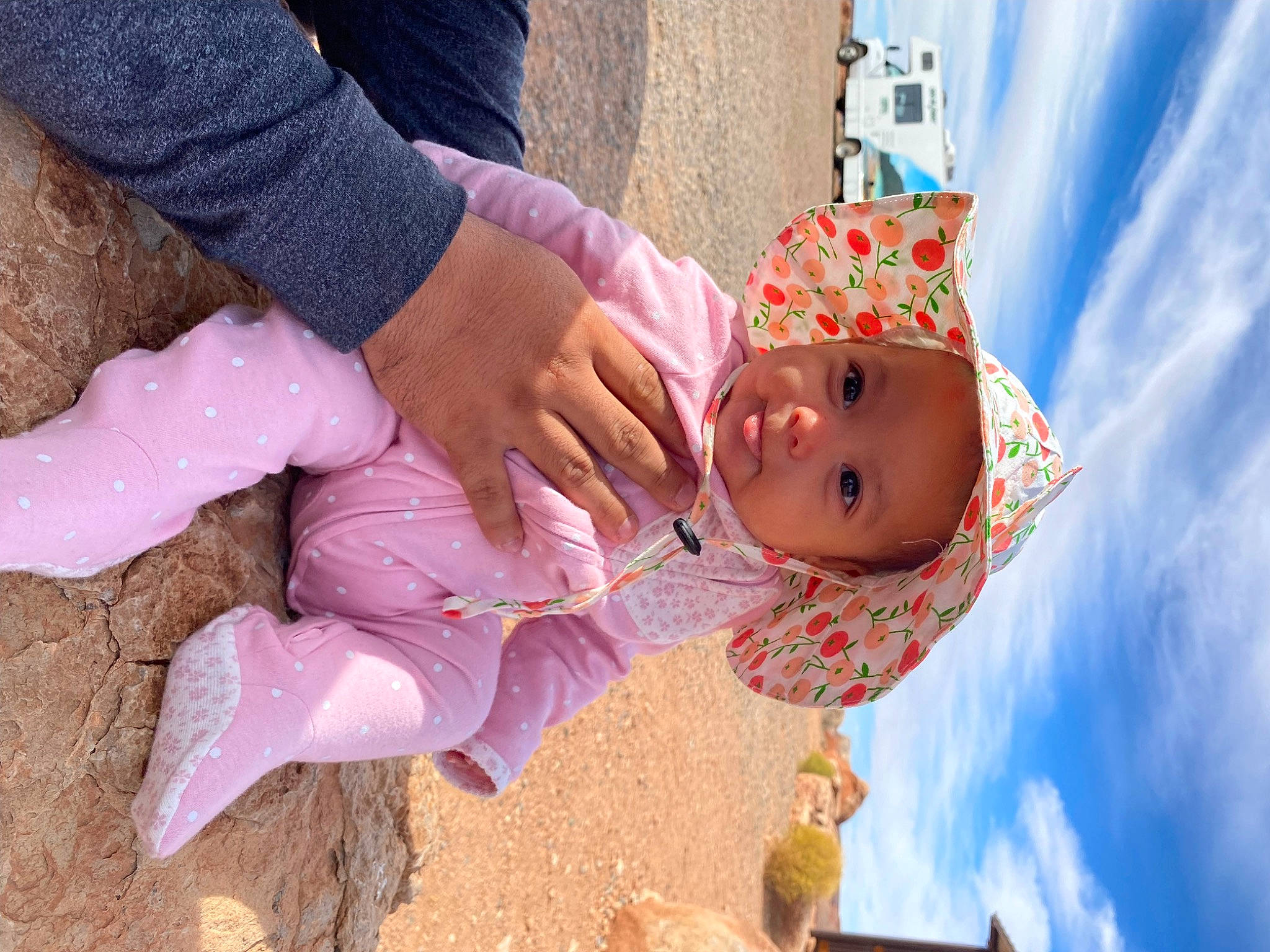 Aleyna is registered to the contest to win money with this photo: baby, baby_toddler_clothing, child, cloud, event, fun, gesture, happy, hat, headgear, headwear, leisure, person, pink, skin, sky, smile, soil, toddler, tree