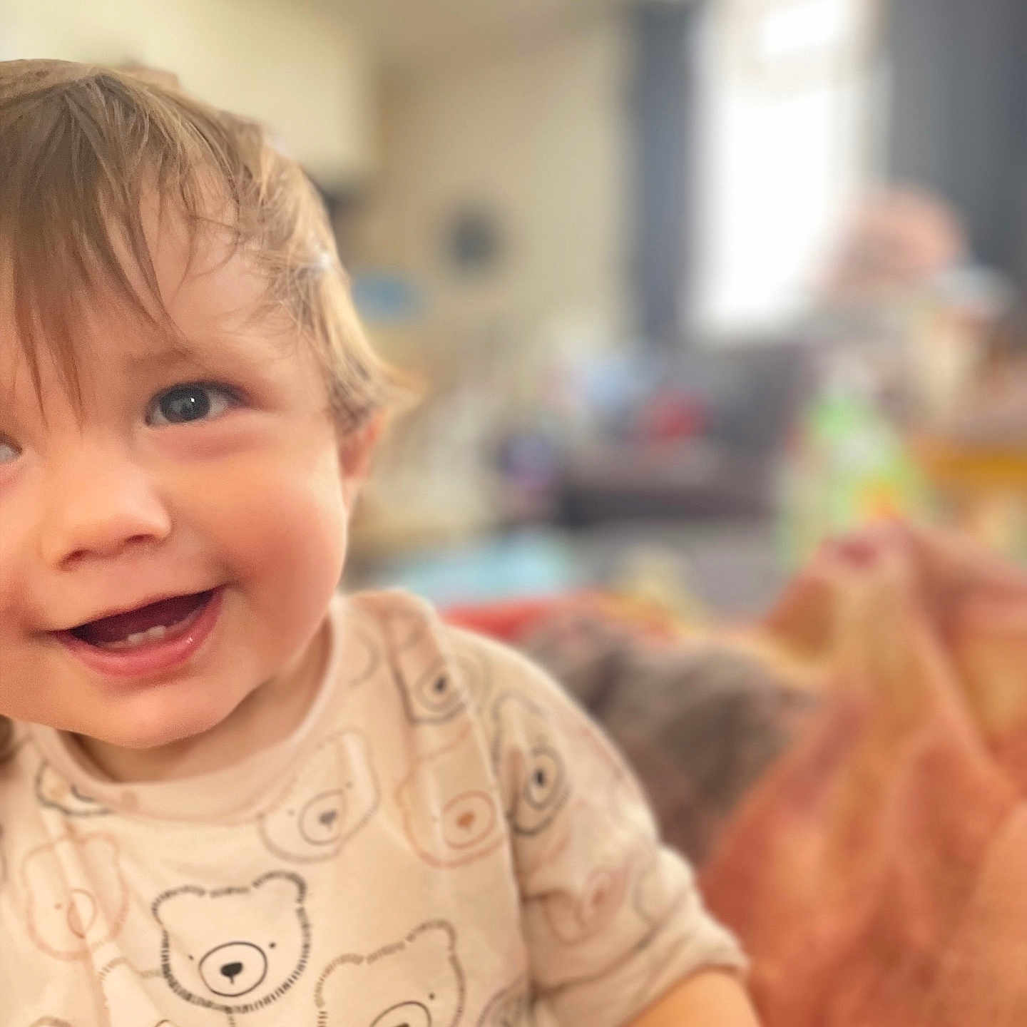 Gabriel participe au concours pour gagner de l'argent avec cette photo : bear_pattern, blurred_background, bright_eyes, casual, child, clothing, cozy, cute, face, hair, happy, home, indoors, infant, person, portrait, shirt, smiling, toddler, young_child