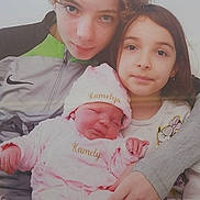 Kamelya participe au concours pour gagner de l'argent avec cette photo : child, baby, newborn, siblings, curly_hair, pink_clothing, headband, portrait, family, indoor, holding, face, cute, toddler, smiling, light, candid, warmth, togetherness, casual