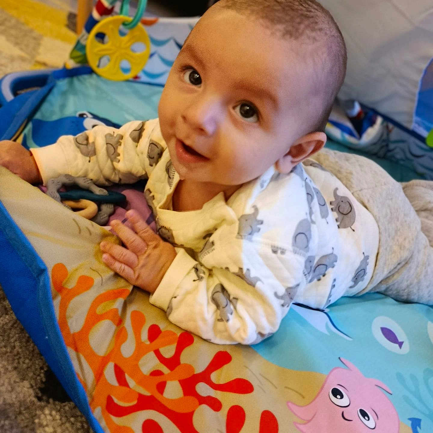 Sully a rejoint le concours — aidez-le/la à gagner de superbes lots ! baby, carpet, child, clothing, colorful, curious, cute, elephant_print, face, floor, happy, indoor, infant, lying_down, pattern, person, play_mat, smile, toddler, toy