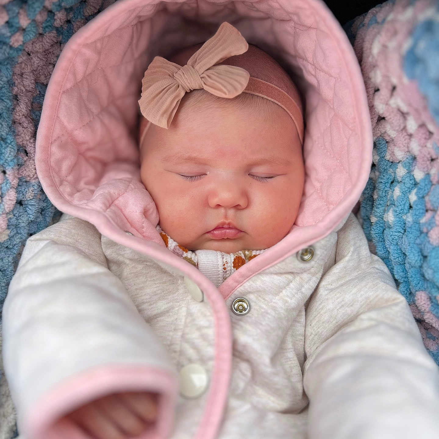 Mimikwaeh is registered to the contest to win money with this photo: baby, blanket, bow, bundle, child, closeup, clothing, cozy, cute, headband, hood, infant, newborn, peaceful, pink, portrait, sleeping, soft, warm, white