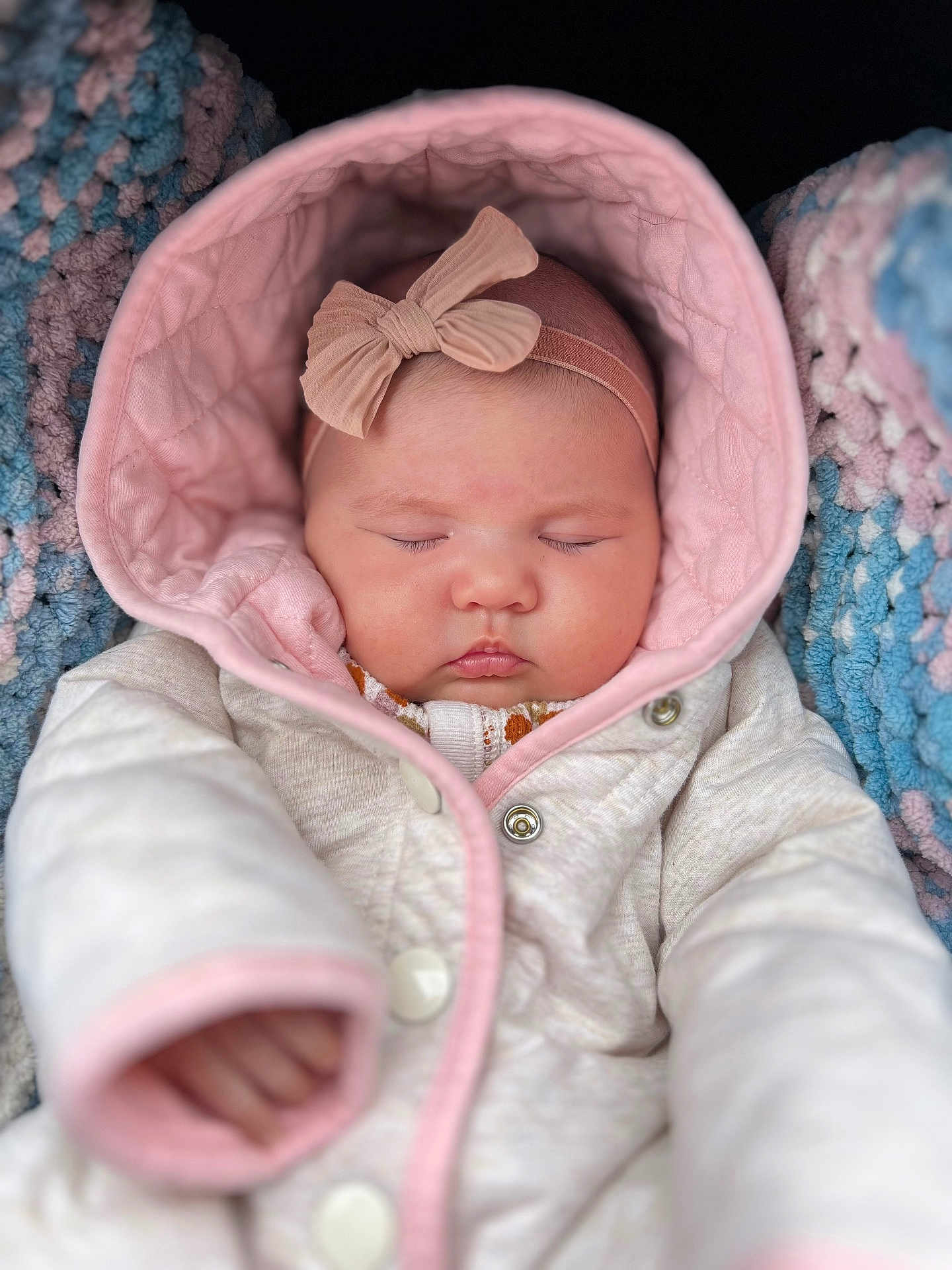 Mimikwaeh is registered to the contest to win money with this photo: baby, sleeping, infant, hood, headband, bow, blanket, pink, white, clothing, cute, cozy, soft, peaceful, child, portrait, closeup, warm, bundle, newborn