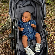 Andre joined the competition — help win amazing prizes! baby, child, infant, stroller, smiling, outdoor, park, tree, forest, denim, romper, sneakers, shoes, seated, portrait, happy, baby_carriage, canopy, leaves, nature