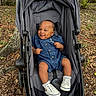baby, child, infant, stroller, smiling, outdoor, park, tree, forest, denim, romper, sneakers, shoes, seated, portrait, happy, baby_carriage, canopy, leaves, nature