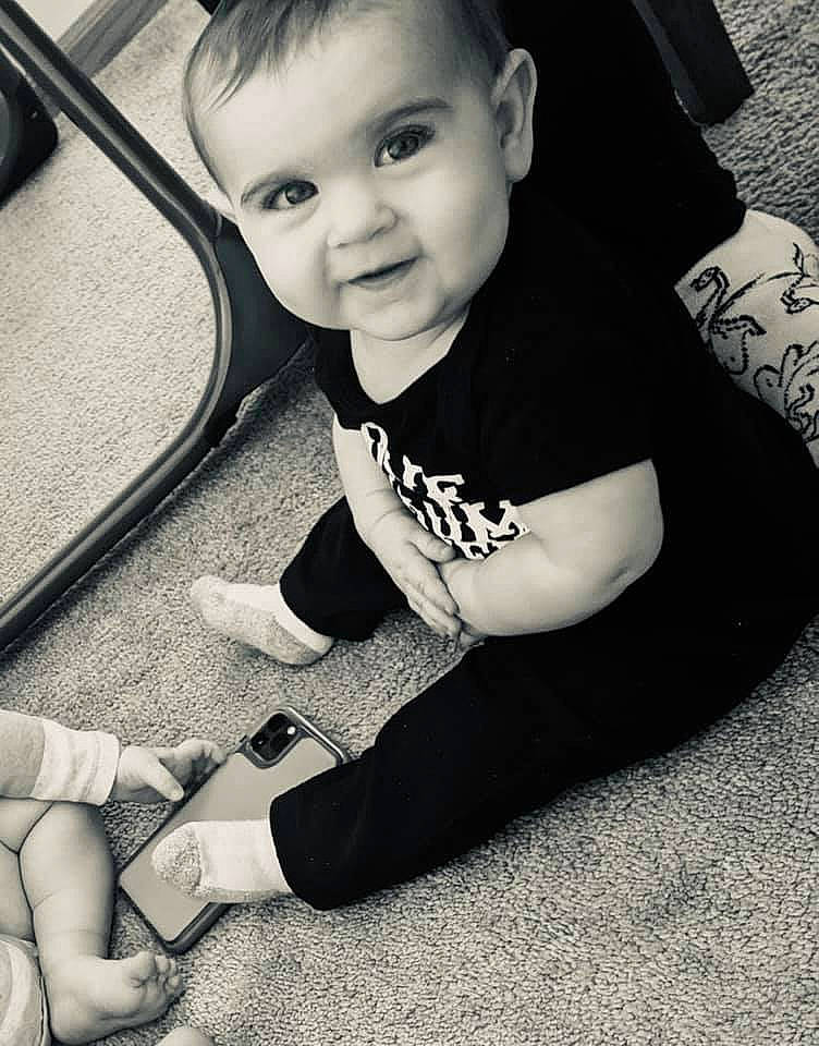 Frankie joined the competition — help win amazing prizes! baby, baby_toddler_clothing, black, black_and_white, child, comfort, cool, eye, finger, flooring, hair, hairstyle, hand, happy, head, mammal, person, sleeve, smile, style
