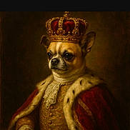Cacahuãte is registered to the contest to win money with this photo: animal, artistic, brown_background, canine, costume, crown, dog, elegant, formal, fur, gold_buttons, historical_style, king, lace_collar, majestic, painting, pet, portrait, red_cloak, royalty