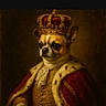 animal, artistic, brown_background, canine, costume, crown, dog, elegant, formal, fur, gold_buttons, historical_style, king, lace_collar, majestic, painting, pet, portrait, red_cloak, royalty