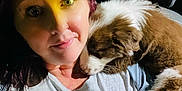 Mazie joined the competition — help win amazing prizes! affection, car_interior, casual_clothing, closeup, cuddling, dim_lighting, dog, gray_shirt, indoor, nose_ring, pet, portrait, puppy, red_hair, relaxation, shoulder, sleeping_dog, smile, stars_pattern, woman