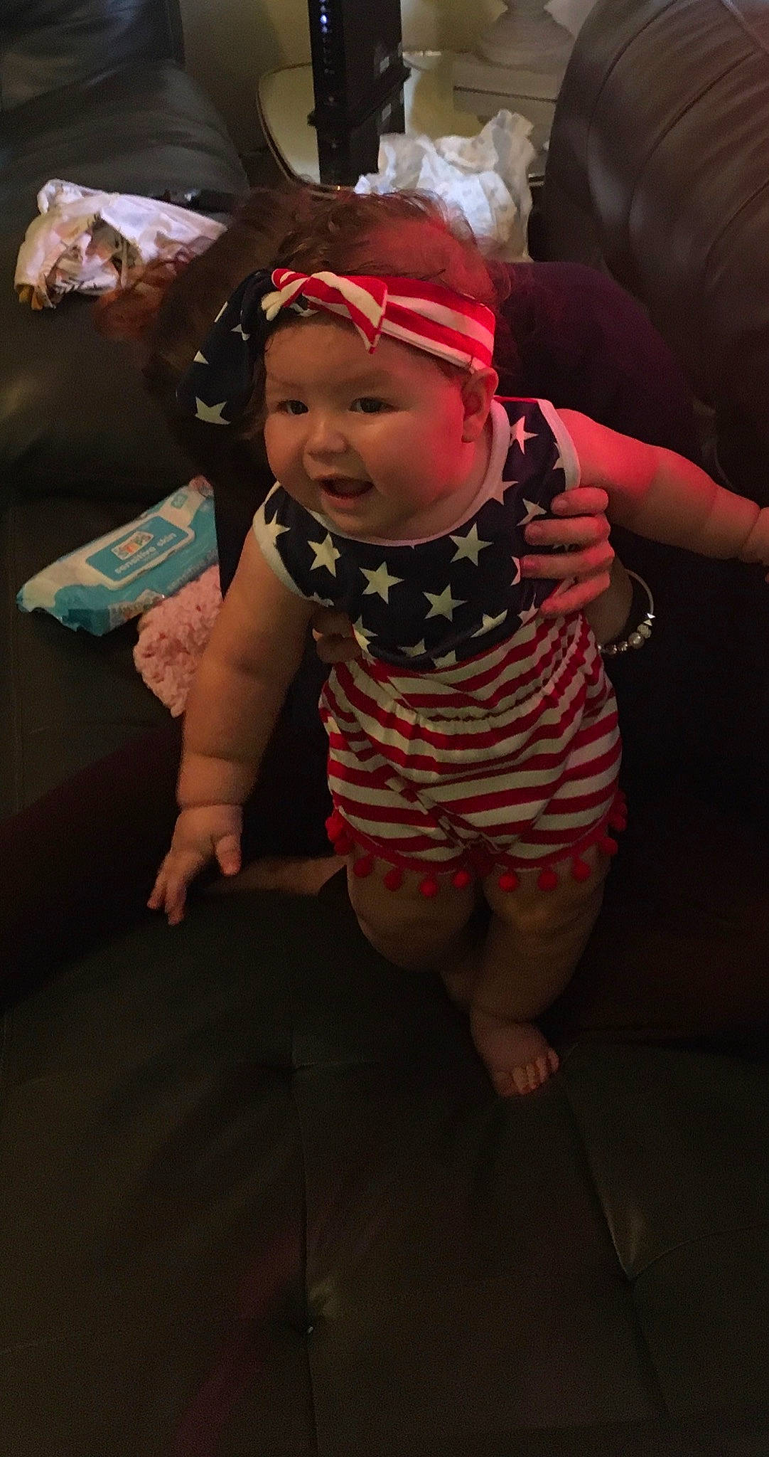 Raelynn joined the competition — help win amazing prizes! baby, baby_toddler_clothing, carmine, costume, costume_hat, event, fictional_character, fun, happy, hat, headwear, holiday, human_leg, knee, lap, leg, pattern, person, pink, smile