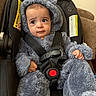 baby, infant, child, car_seat, harness, safety_buckle, bear_suit, hood, fluffy_clothing, gray, portrait, face, eyes, looking_at_camera, sitting, indoors, couch, vehicle_seat, close_up, safe_travel