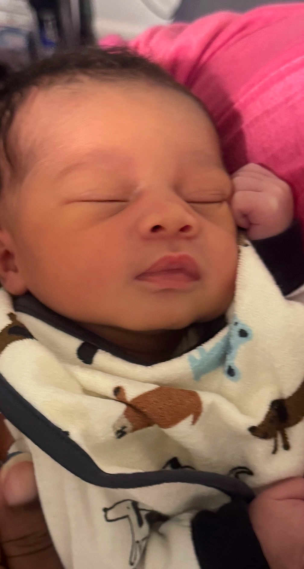 Zaiden is registered to the contest to win money with this photo: baby, newborn, sleeping, blanket, animal_print, face, hand, infant, cute, soft, cozy, portrait, closeup, resting, child, pink_background, warm, peaceful, wrapped, toddler