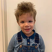 Glenn a rejoint le concours — aidez-le/la à gagner de superbes lots ! child, smiling, portrait, denim_overalls, striped_shirt, young_boy, hair, face, happy, casual_clothing, standing, indoors, light_background, cute, buttoned_shirt, fashion, person, childhood, friendly, boy