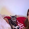 Valentina joined the competition — help win amazing prizes! cat, tabby_cat, person, red_sweatshirt, blanket, cozy, indoor, pet, fur, relaxing, resting, comfort, animal, cute, home, feline, paw, face, human, cuddle