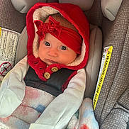 Elliana is registered to the contest to win money with this photo: baby, infant, car_seat, red_hood, headband, blanket, straps, cozy, cute, wide_eyes, indoor, child, seatbelt, soft_texture, warm_clothing, portrait, person, newborn, comfortable, closeup