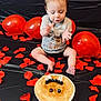 toddler, child, baby, pancake, blueberries, whipped_cream, balloons, red_balloons, red_petals, black_backdrop, hair_bows, clapping, sitting, food, celebration, party, cute, smile, happy, indoor