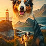 Oslo participe au concours pour gagner de l'argent avec cette photo : dog, australian_shepherd, heterochromia, double_exposure, lighthouse, mountains, ocean, sunset, landscape, coast, nature, grass, path, sky, clouds, smiling, portrait, animal, outdoor, scenic