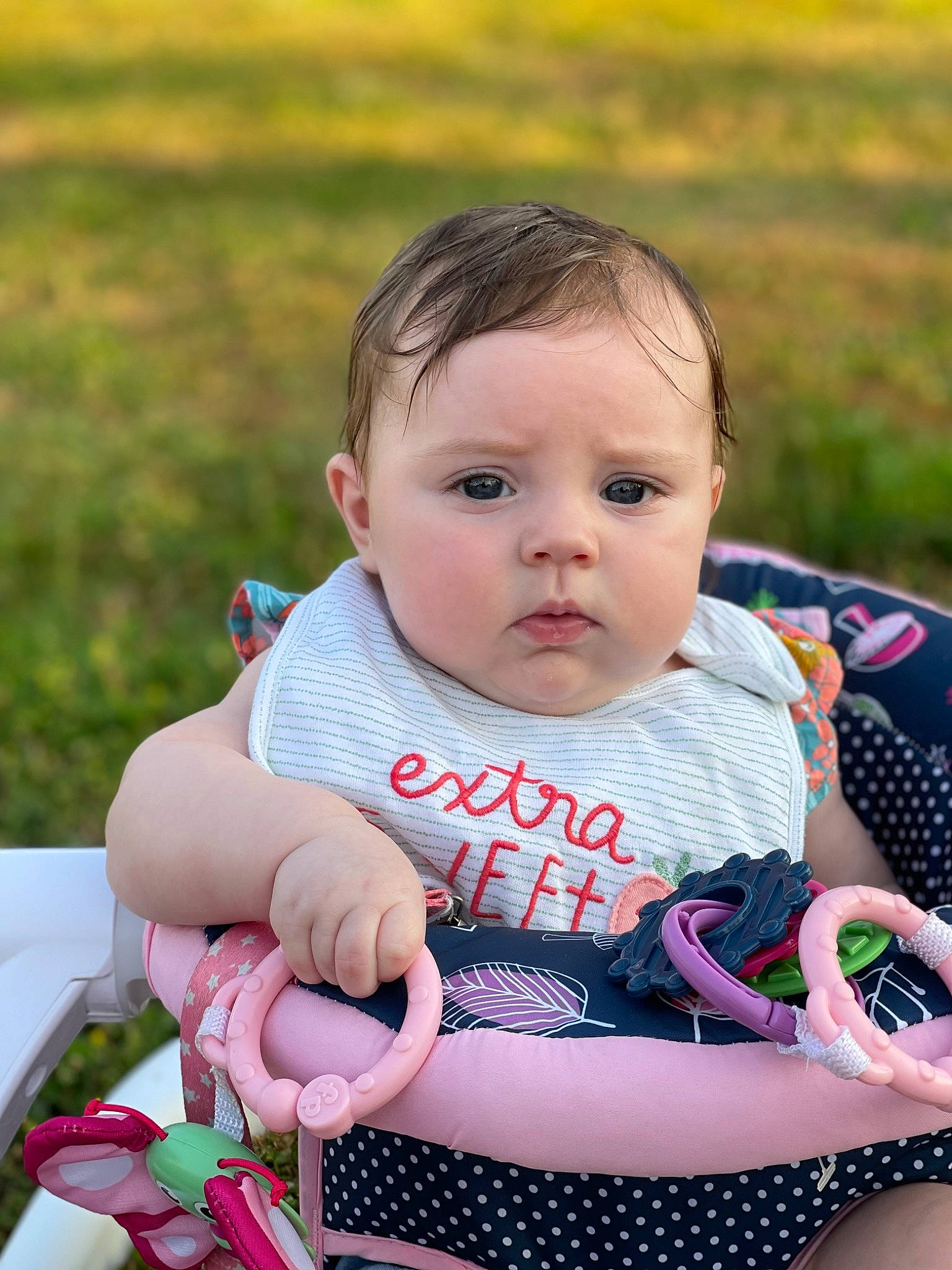 Addalynn is registered to the contest to win money with this photo: baby, baby_carriage, baby_products, baby_toddler_clothing, cheek, child, face, fun, grass, happy, iris, leisure, people_in_nature, person, product, recreation, sitting, skin, toddler, wheel