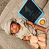Sitara is registered to the contest to win money with this photo: baby, infant, plush_toy, striped_clothing, hat, couch, sofa, plate, food, blue_board, handwritten_text, anklet, soft_toy, child, indoor, cute, portrait, celebration, relaxing, cozy