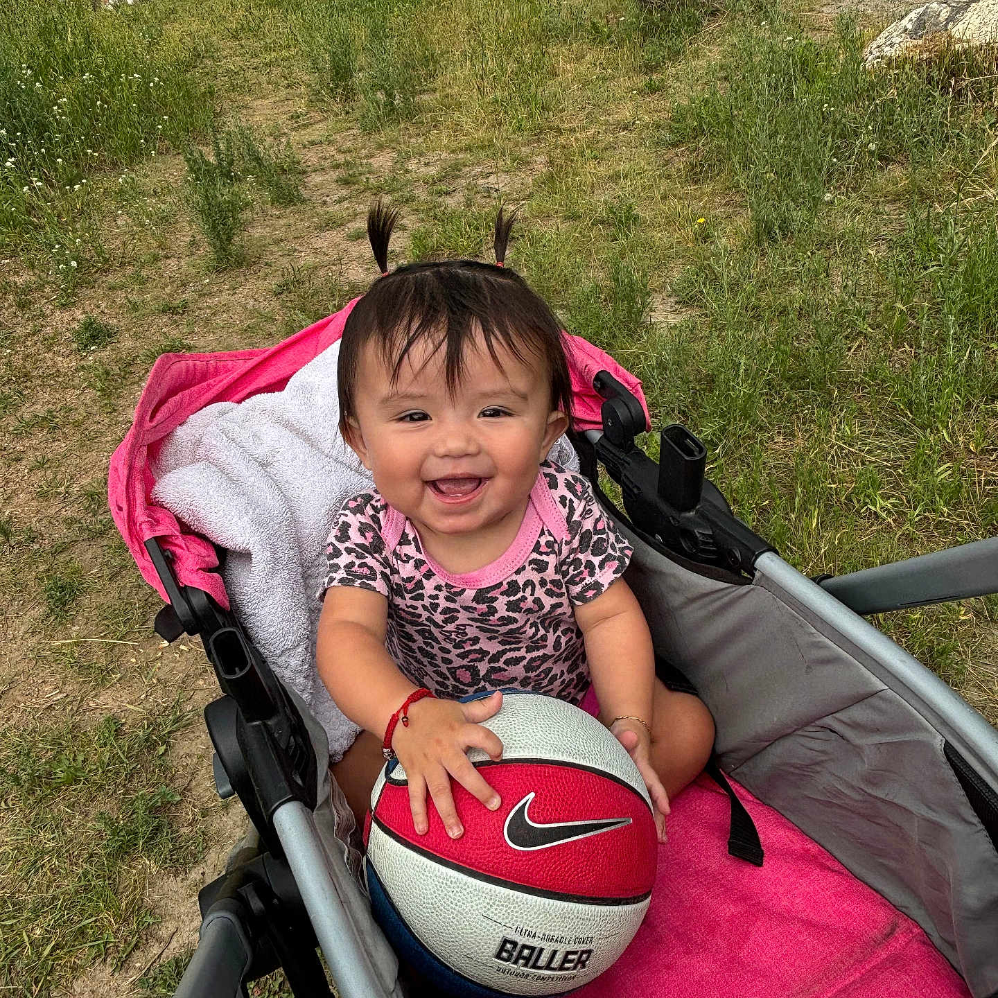 Wendy joined the competition — help win amazing prizes! baby, basketball, child, clothing, daylight, dog, grass, happy, leisure, nature, outdoor, people, person, pigtails, pink, red, smiling, sport, stroller, toy