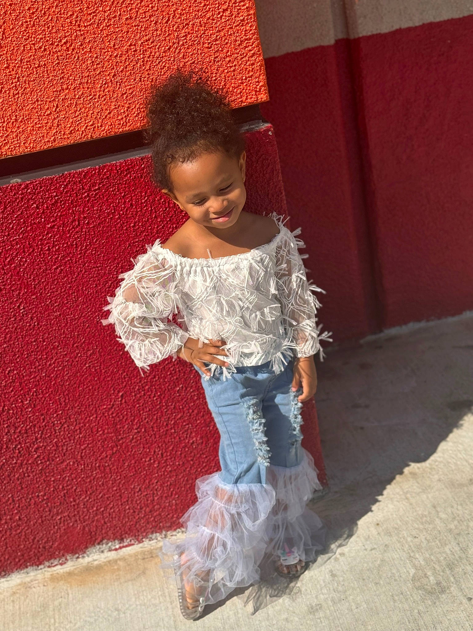 Kaydence joined the competition — help win amazing prizes! baby_toddler_clothing, child, denim, embellishment, fashion_design, flooring, fun, happy, human_leg, joy, leisure, magenta, pattern, person, sitting, smile, thigh, tints_and_shades, toddler, tradition