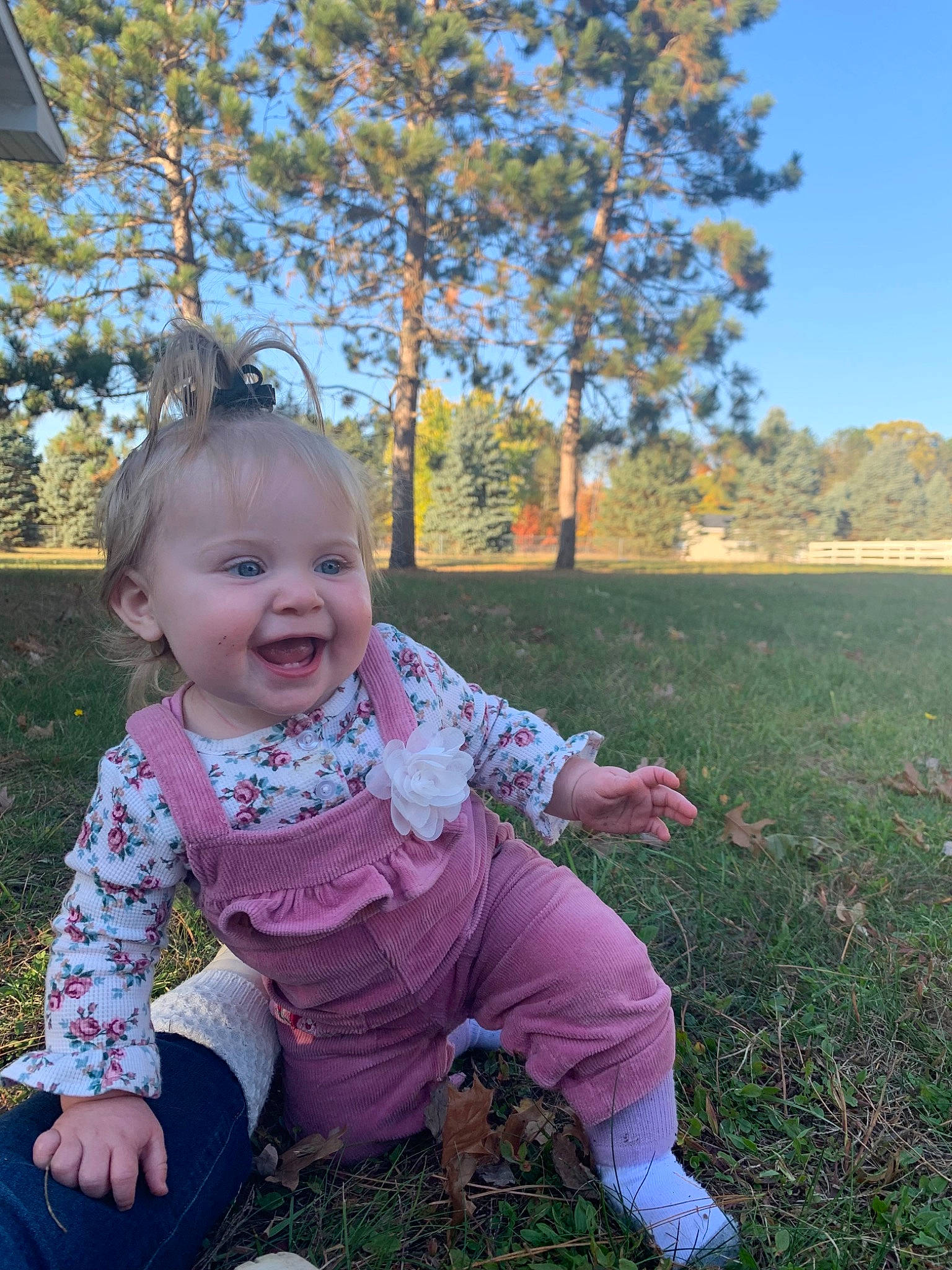 Juliet is registered to the contest to win money with this photo: baby, baby_toddler_clothing, facial_expression, fun, grass, grassland, happy, landscape, lawn, leisure, people_in_nature, person, plant, recreation, sitting, sky, smile, soil, sunlight, toddler