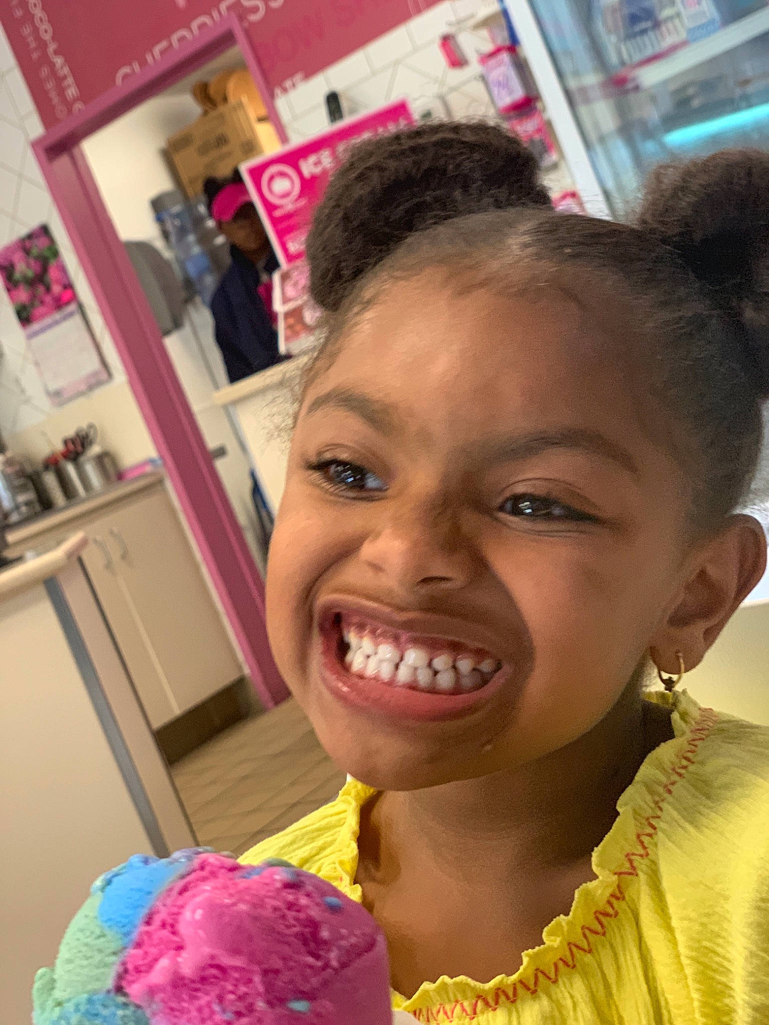 Samiyah is registered to the contest to win money with this photo: dessert, ear, face, facial_expression, food, forehead, frozen_dessert, gelato, hair, hair_coloring, hairstyle, happy, head, ice_cream, joy, lip, mouth, person, photography, pink