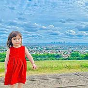 Moradi Zoya participe au concours pour gagner de l'argent avec cette photo : casual_shoes, child, cityscape, cloudy_sky, curious, daylight, girl, grass, greenery, nature, outdoor, person, portrait, red_dress, scenic_view, sky, standing, urban, wooden_platform, young
