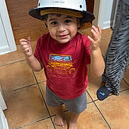 Clarence joined the competition — help win amazing prizes! bodypart, boy, child, clothing, face, finger, hand, hardhat, hat, head, helmet, hosiery, male, pants, person, photography, portrait, shorts, sock, wood