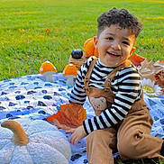 Jacob Molina joined the competition — help win amazing prizes! toddler, child, smiling, outdoor, grass, blanket, pumpkin, plush_toy, leaves, fall, autumn, curly_hair, striped_shirt, overalls, black_shoes, playful, nature, toy_mushrooms, happy, portrait