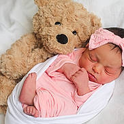 Riley is registered to the contest to win money with this photo: newborn, baby, teddy_bear, pink_clothing, headband, sleeping, blanket, soft_toy, infant, cute, cozy, closeup, portrait, baby_girl, rest, child, bed, comfort, adorable, peaceful