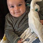 Milann a rejoint le concours — aidez-le/la à gagner de superbes lots ! baby, child, infant, blanket, plush_toy, smile, face, hand, clothing, seat, comfort, indoors, cute, young, portrait, expression, soft_toy, holding, warm, cozy