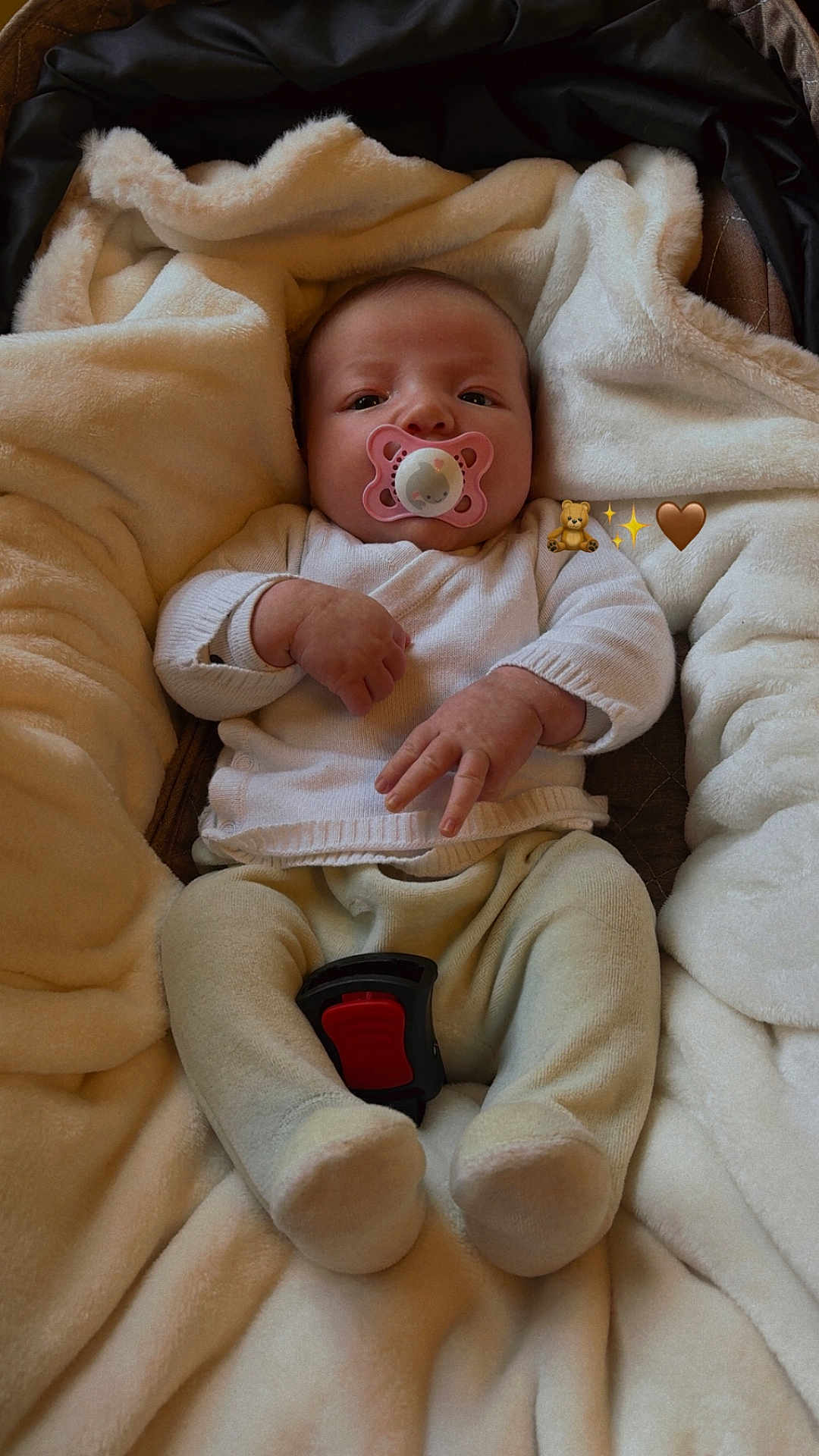 Sarah participe au concours pour gagner de l'argent avec cette photo : baby, pacifier, blanket, infant, soft, cozy, clothing, lying_down, indoors, cute, face, hands, feet, warm, comfort, car_seat, plush, child, newborn, resting