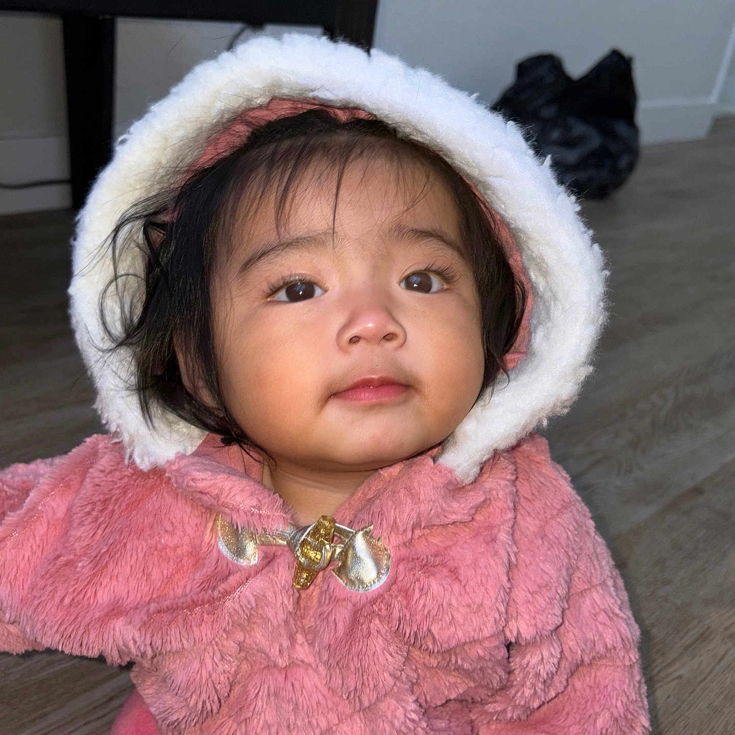 Zoe is registered to the contest to win money with this photo: baby, black_table, child, coat, curious, cute, face, floor, fuzzy, hood, indoor, looking_up, person, pink_clothing, portrait, soft_texture, toddler, warm, wood_floor, young_child