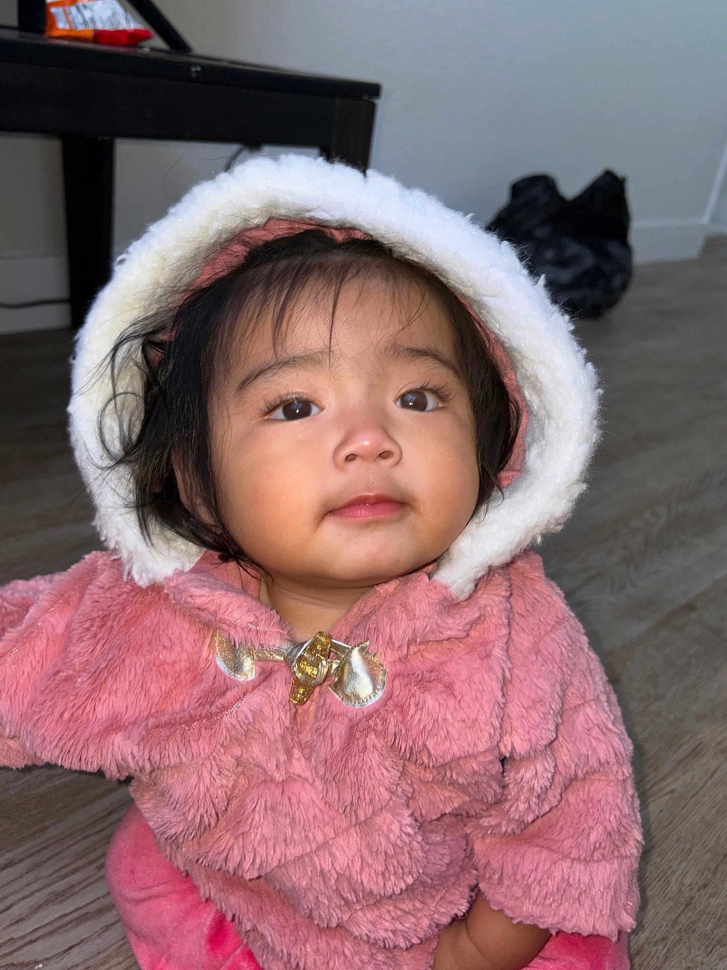 Zoe is registered to the contest to win money with this photo: toddler, child, baby, hood, pink_clothing, coat, indoor, floor, curious, face, person, portrait, warm, fuzzy, looking_up, cute, young_child, black_table, wood_floor, soft_texture