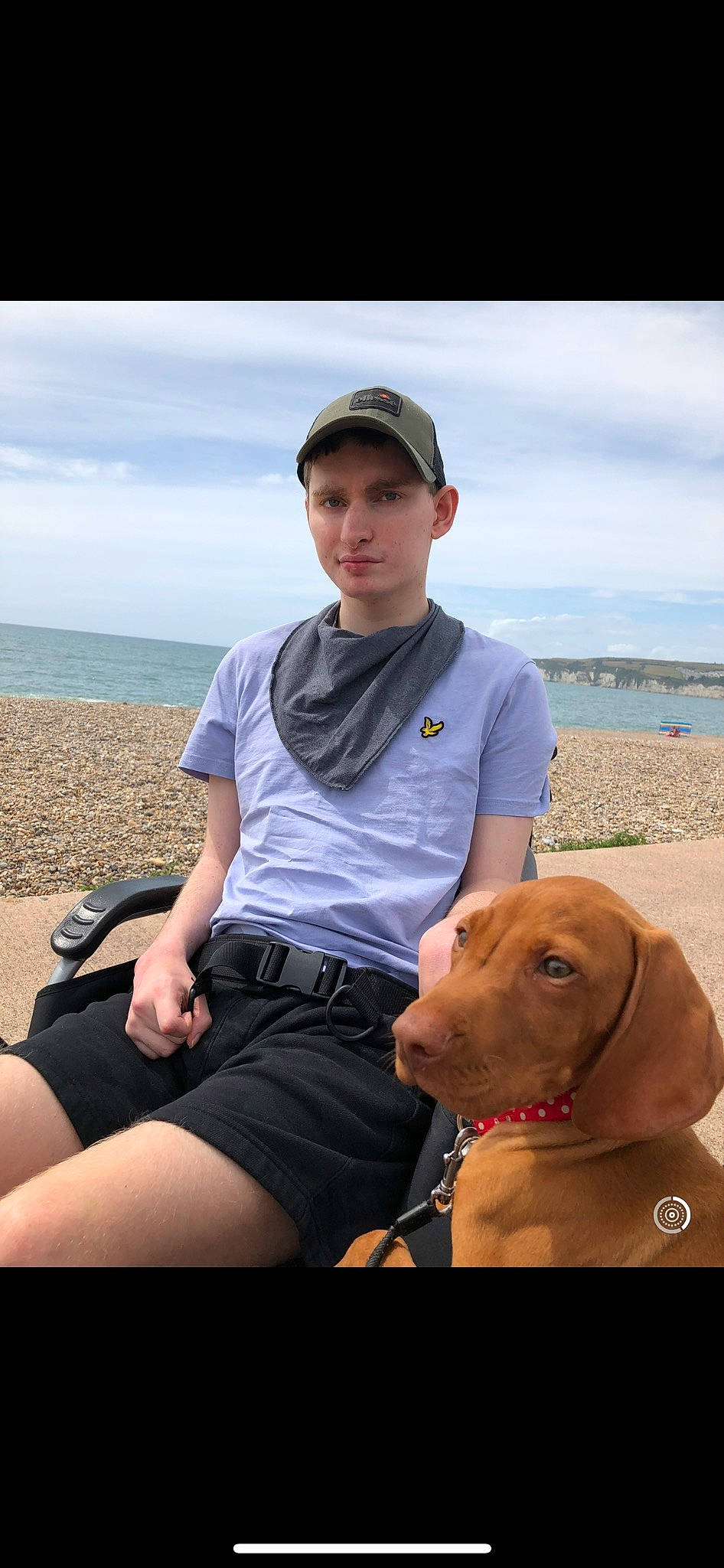 Ralphie is registered to the contest to win money with this photo: baseball_cap, cap, carnivore, cloud, companion_dog, dog, fawn, flash_photography, fun, happy, people, recreation, shorts, sky, summer, t_shirt, thigh, travel, water, working_animal