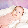 Anaëlle a rejoint le concours — aidez-le/la à gagner de superbes lots ! baby, infant, blue_eyes, knitted_clothing, white_blanket, pastel_background, soft_texture, portrait, lying_down, cute, child, newborn, peaceful, indoors, studio_photo, pink, white, face, head, expression
