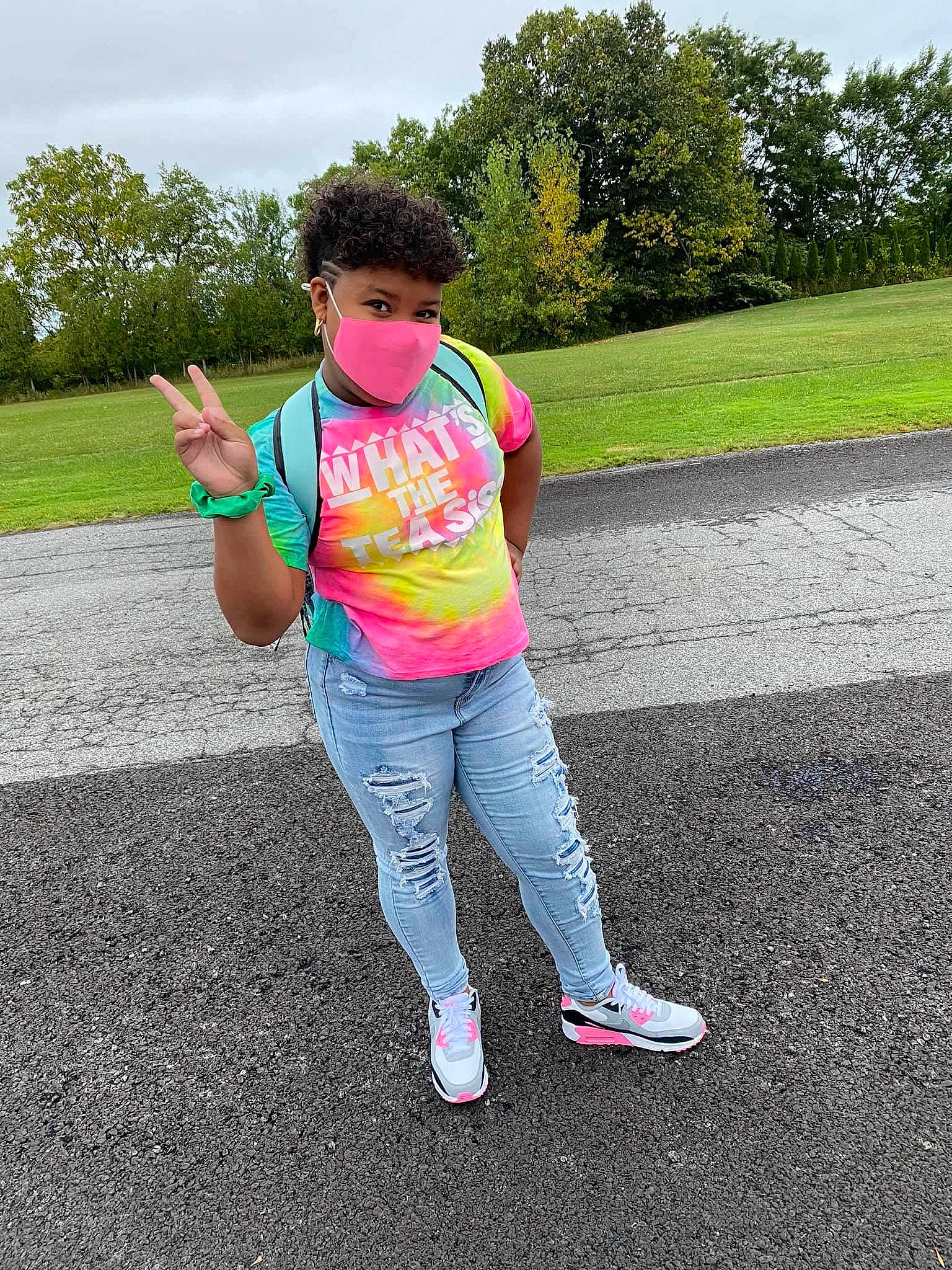 Aiyanna is registered to the contest to win money with this photo: asphalt, child, cool, denim, footwear, fun, grass, happy, jeans, leisure, person, photography, pink, plant, play, recreation, shoe, smile, summer, tree