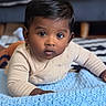 baby, child, infant, blanket, blue, floor, rug, black_and_white, zigzag_pattern, couch, indoor, curious, looking, face, person, clothing, long_sleeve, hand, flooring, home