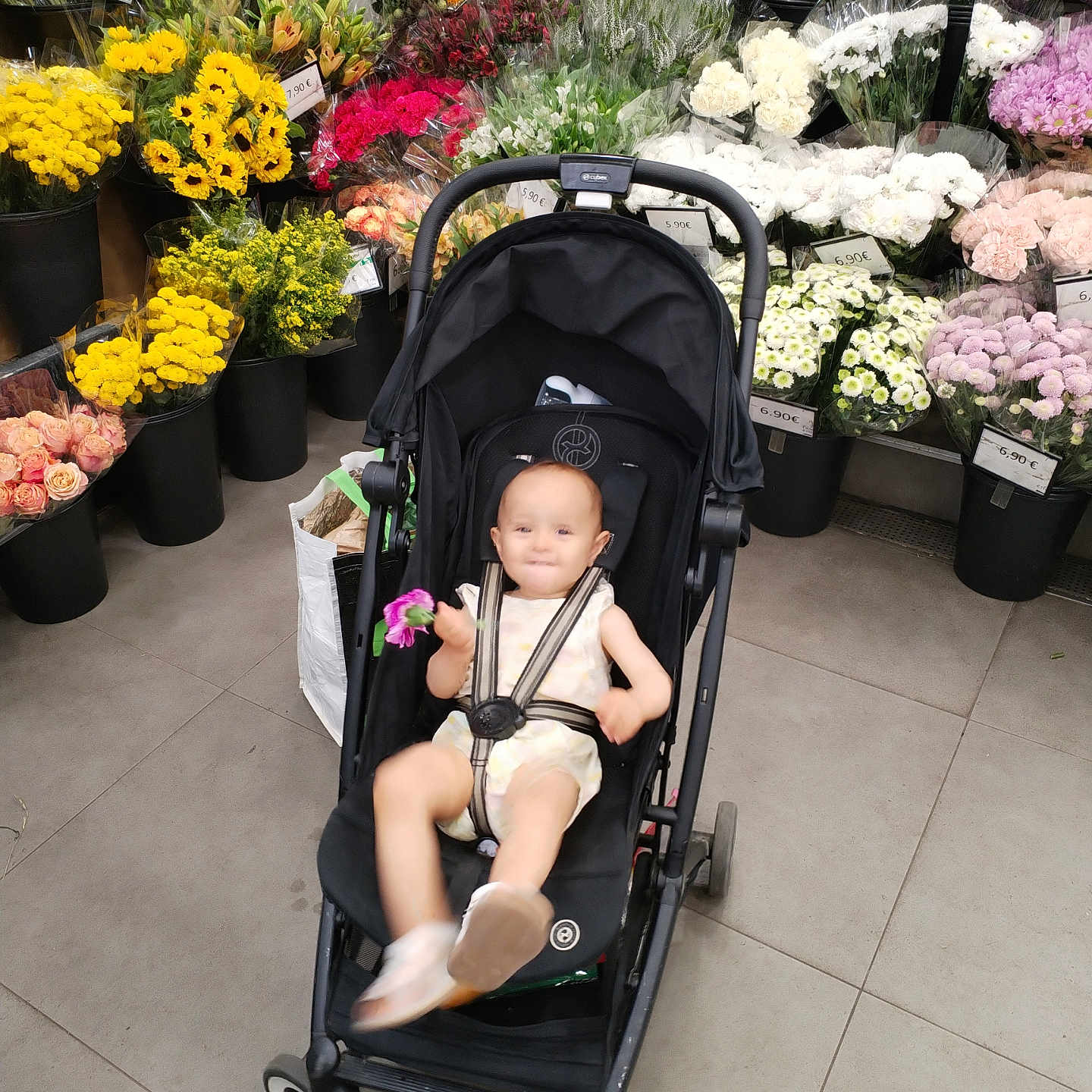 Emma a rejoint le concours — aidez-le/la à gagner de superbes lots ! baby, baby_clothing, baby_shoes, bouquet, child, colorful, cute, flower, flower_shop, indoor, person, plant, pot, retail, shopping, smiling, stroller, tile_floor, vibrant, young_child