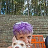 Pixie joined the competition — help win amazing prizes! blue_eyes, brown_eyes, brown_fur, construction_barrier, dog, eyeglasses, forest, orange_barrier, outdoor, person, pine_trees, portrait, puppy, purple_hair, selfie, stone_wall, summer, tattoo, trees, white_fur