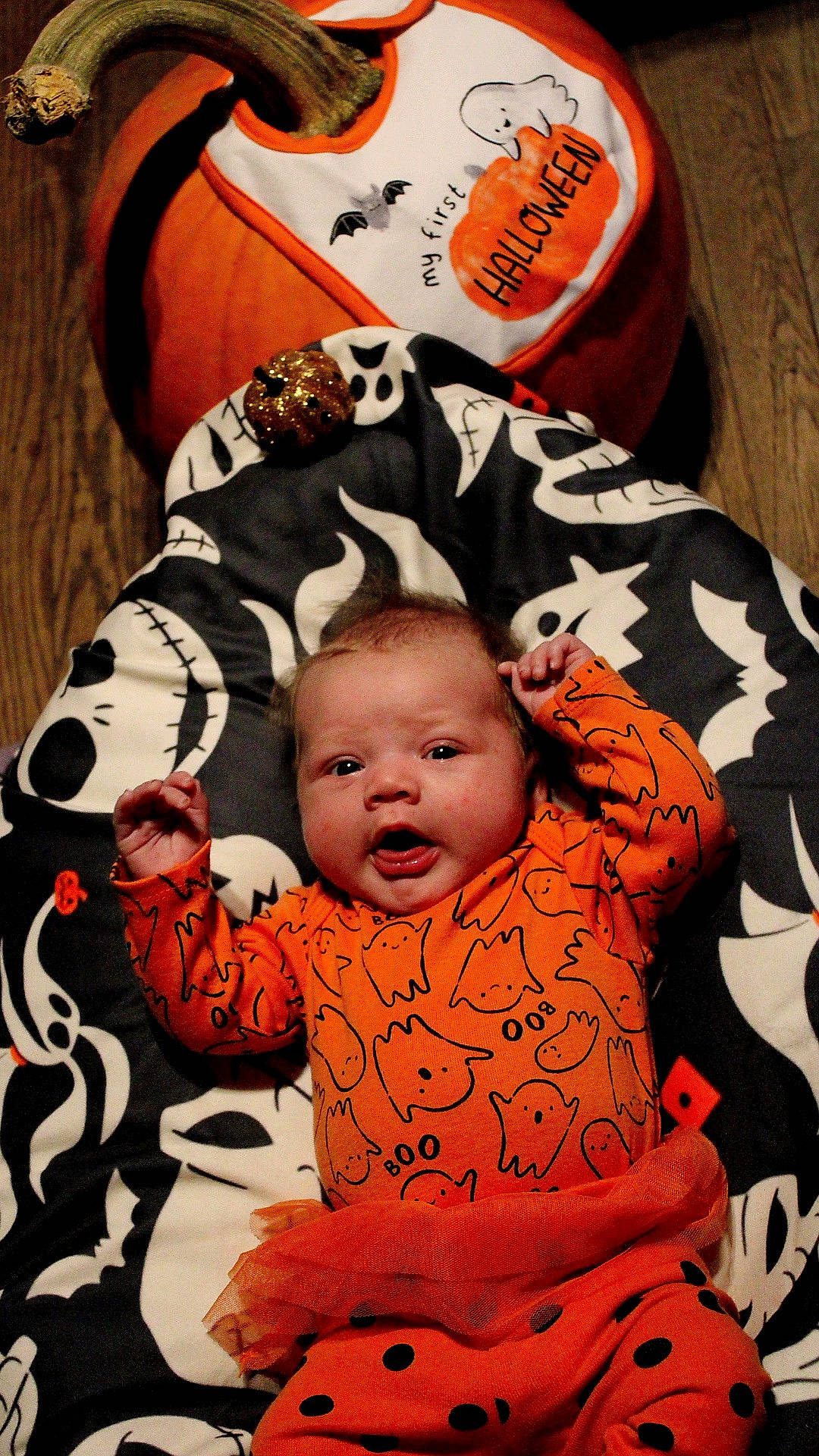 Elora is registered to the contest to win money with this photo: art, baby, baby_toddler_clothing, calabaza, cheek, child, comfort, cucurbita, facial_expression, gourd, happy, head, linens, orange, pattern, person, pumpkin, sleeve, smile, toddler