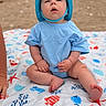 baby, barefoot, beach, blanket, blue_hat, blue_onesie, child, coral_pattern, curious_expression, cute, infant, outdoor, portrait, sand, sea_theme, shell_pattern, sitting, starfish_pattern, summer, sunhat